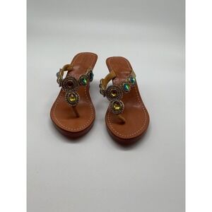 Mystique Embellished Jewel Thong‎ Wedge Sandals, Brown Leather, Size 6